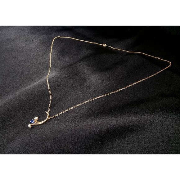 Vintage 14K Solid Gold Topaz & Cubic Zirconia Crescent Pendant Necklace - Picture 4 of 6